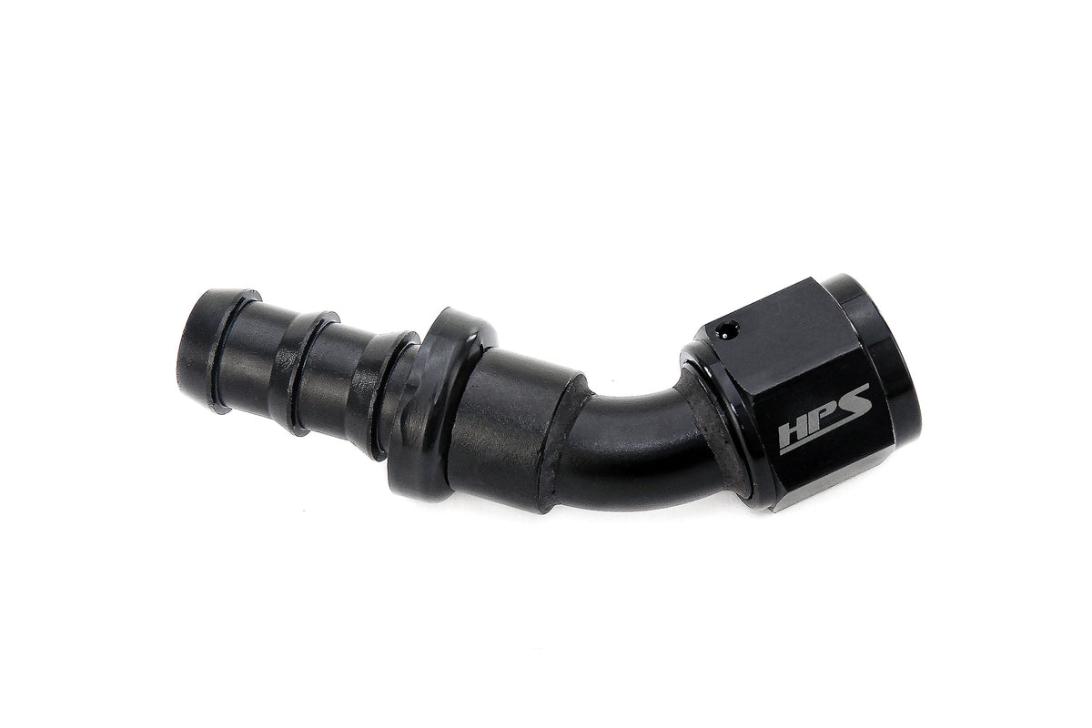 HPS Performance 45 Degree -6 Push-on Hose End to AN Female Aluminum Black