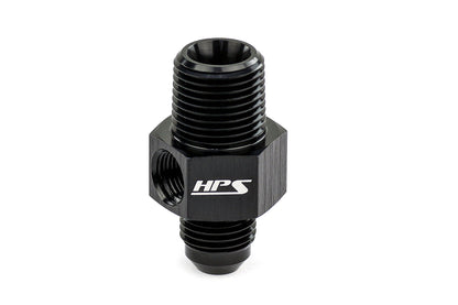 HPS Performance -8 AN Male to 3/8" NPT Male Adapter with 1/8" NPT Female Port, Aluminum, Black