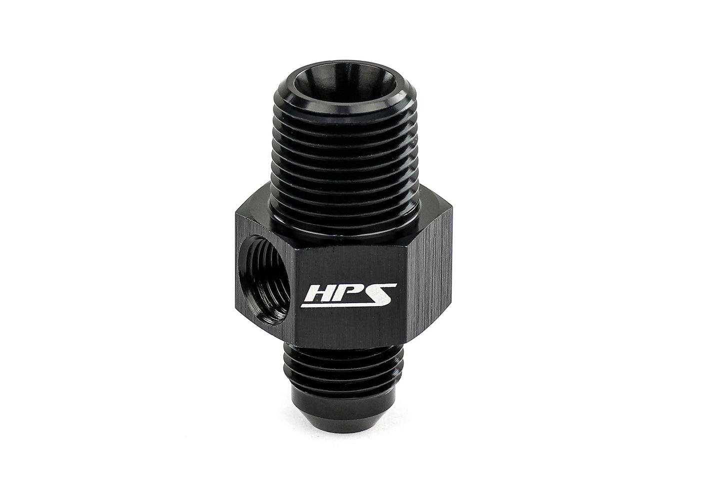 HPS Performance -6 AN Male to 3/8" NPT Male Adapter with 1/8" NPT Female Port, Aluminum, Black