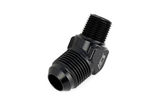 HPS Performance 45 Degree -8 AN Flare to 1/4" NPT Adapter, Aluminum, Black