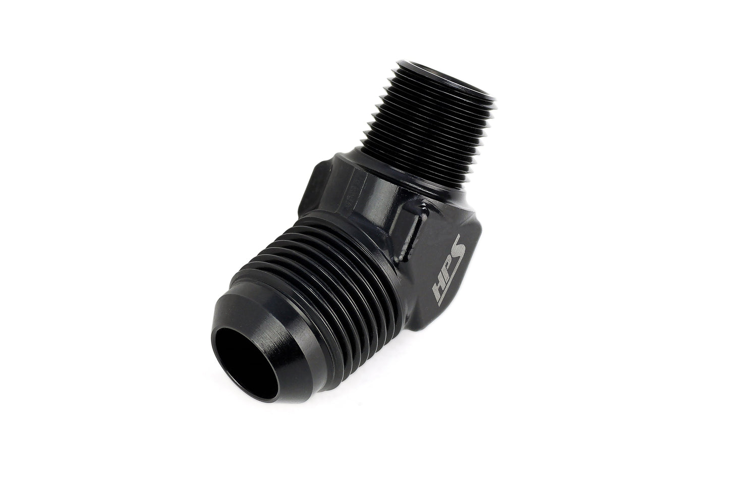 HPS Performance 45 Degree -6 AN Flare to 1/4" NPT Adapter, Aluminum, Black